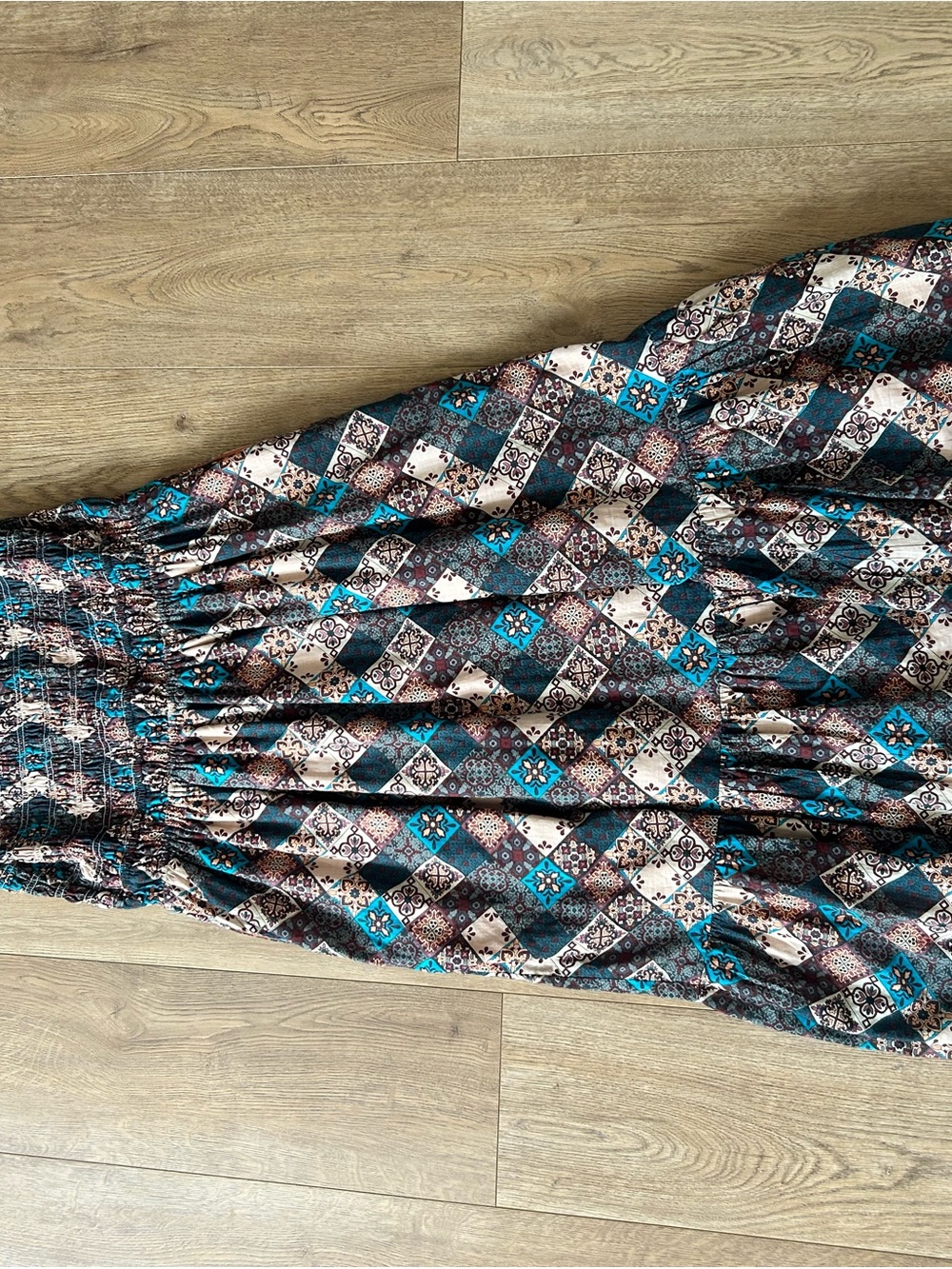 Anthropologie Patchwork Maxi Dress in Teal, Brown, Cream - Picture 5 of 6